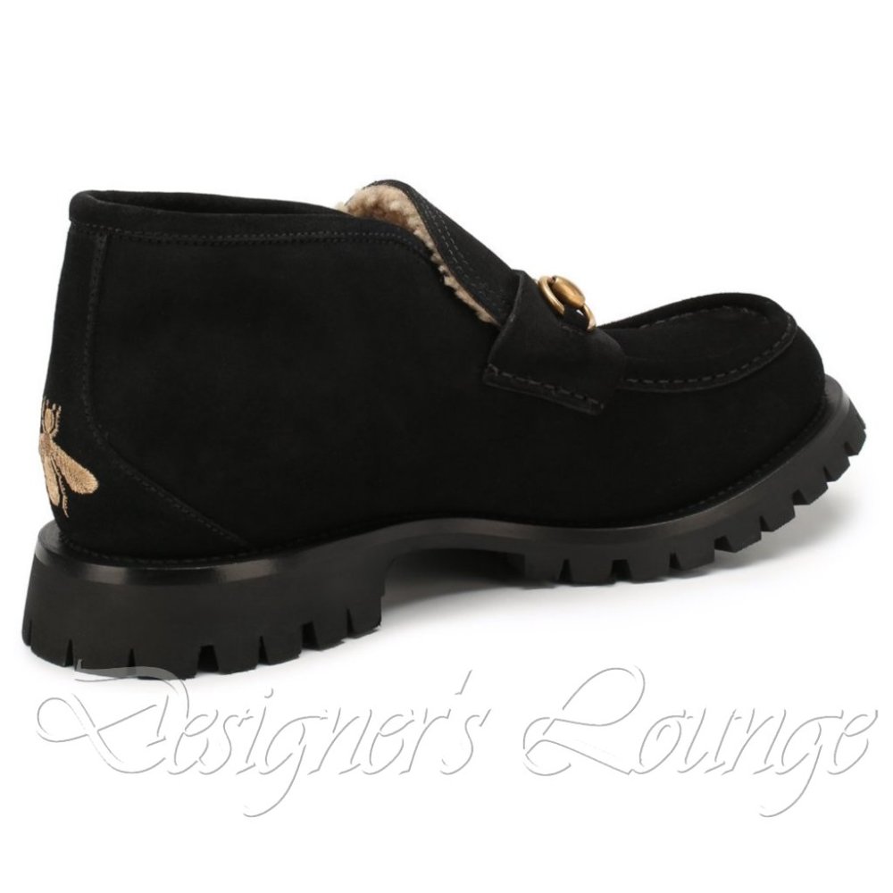 ⚡️SOLD! NEW GUCCI Horsebit Black Suede Shearling Bee Loafer Ankle Boot 8G/US 8.5 - Picture 6 of 10